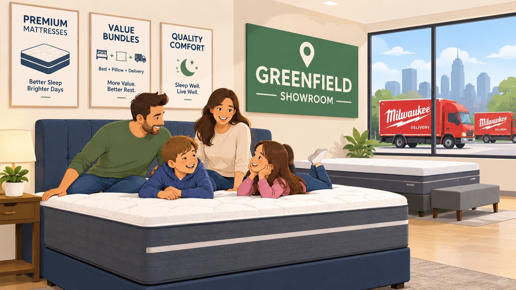 A happy family testing a comfortable mattress in a modern Greenfield bedroom furniture showroom with delivery trucks.