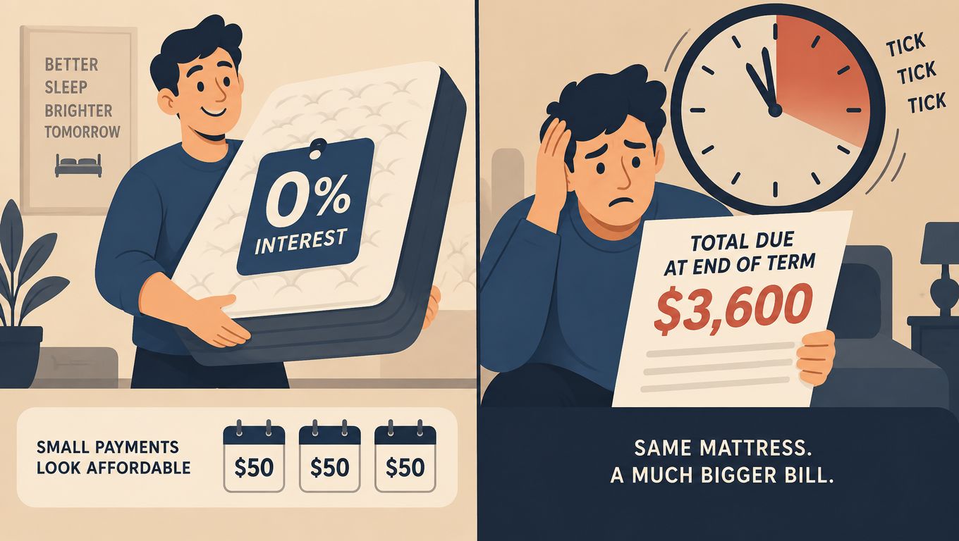 A split image showing a man happy with a mattress purchase versus stressed by high final debt.