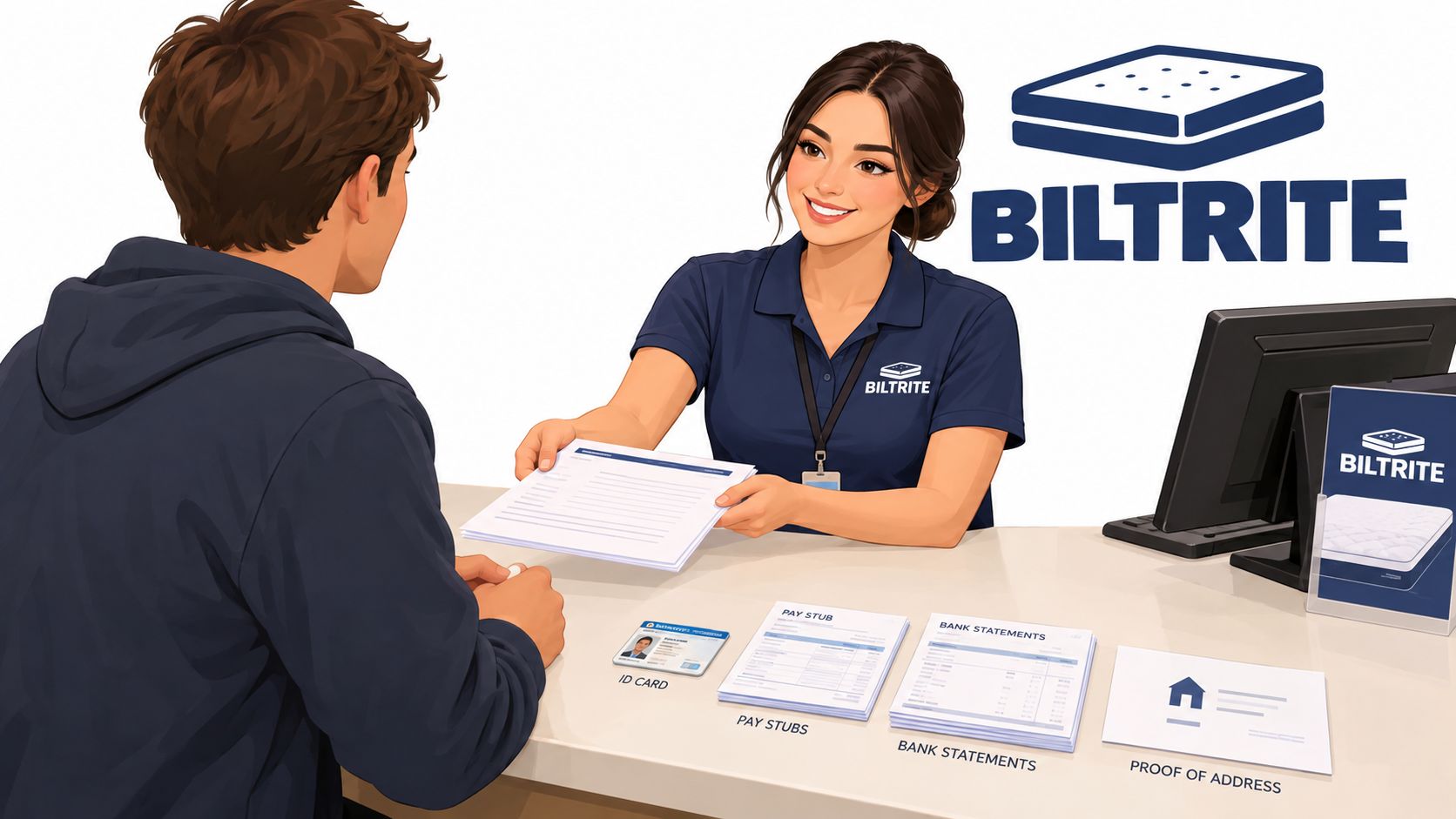 A customer receives application forms from a friendly Biltrite retail employee at a mattress showroom store counter.