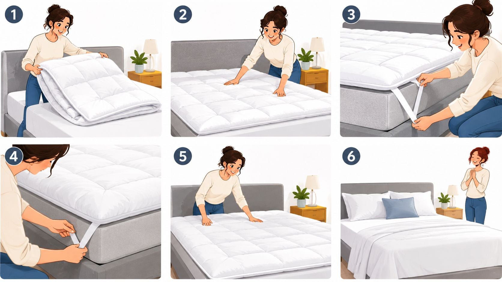 A woman demonstrating the step-by-step process of installing a white mattress topper on a gray bed frame.