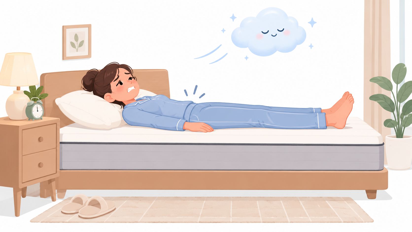 A woman lying on a firm bed feeling uncomfortable while dreaming of a soft, cloud-like mattress.