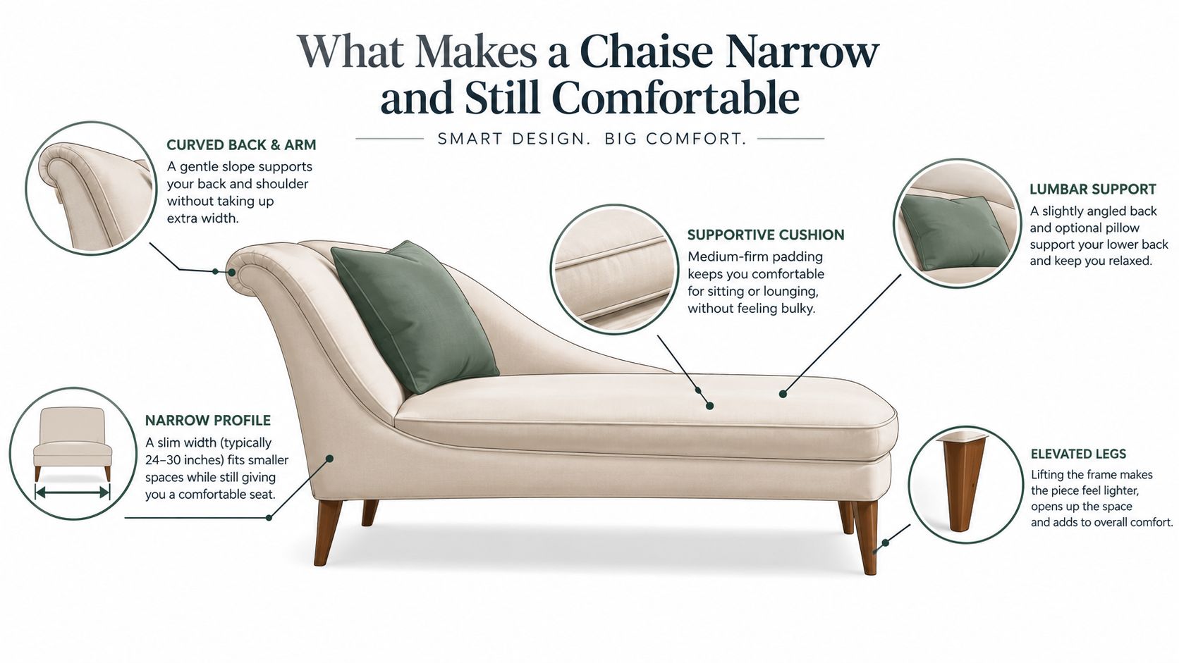 A beige chaise lounge chair featuring a narrow profile and curved backrest with supportive cushions and elevated wooden legs.