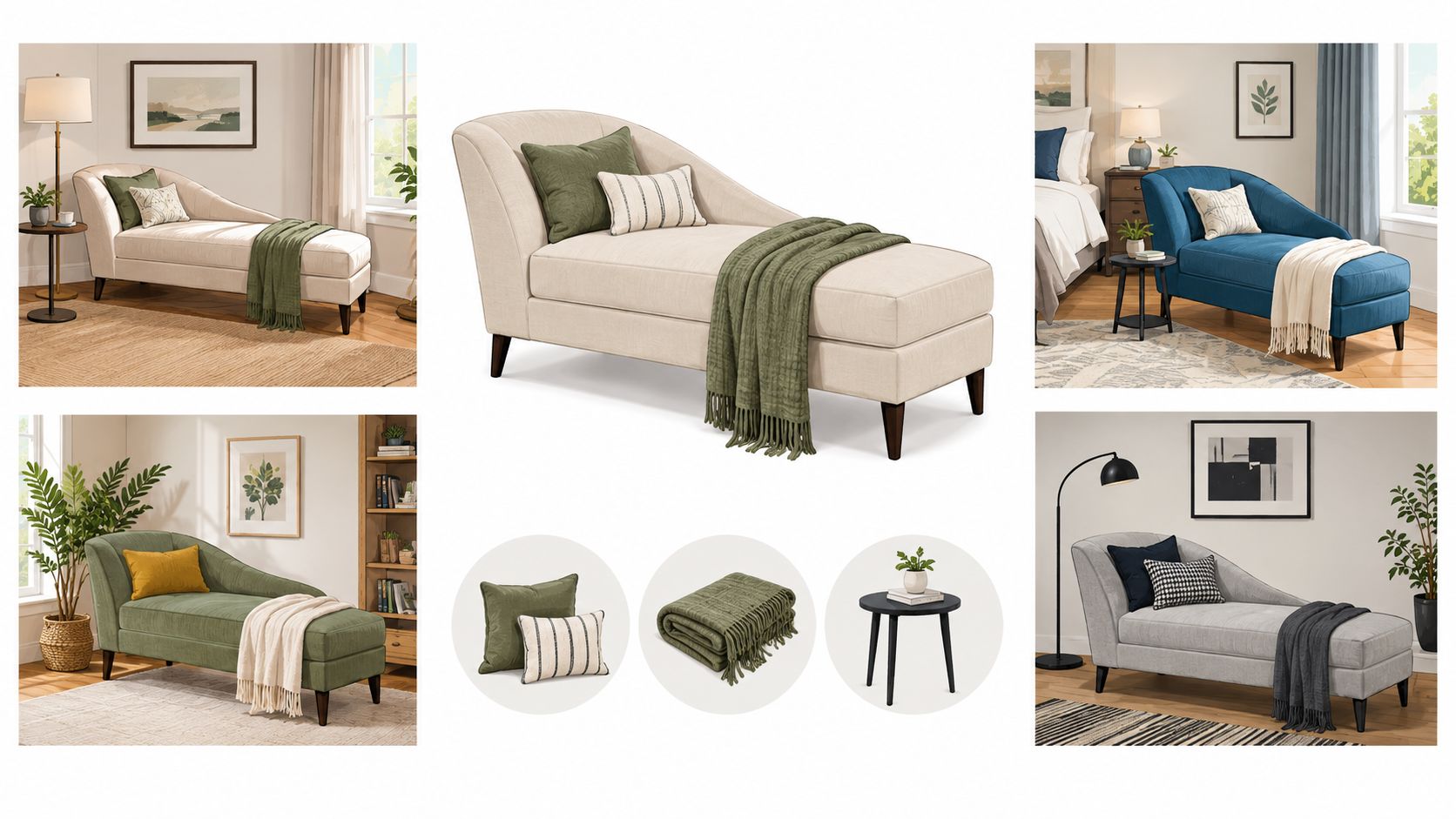A collage showing various styles and color options of a narrow chaise lounge chair for interior decor.