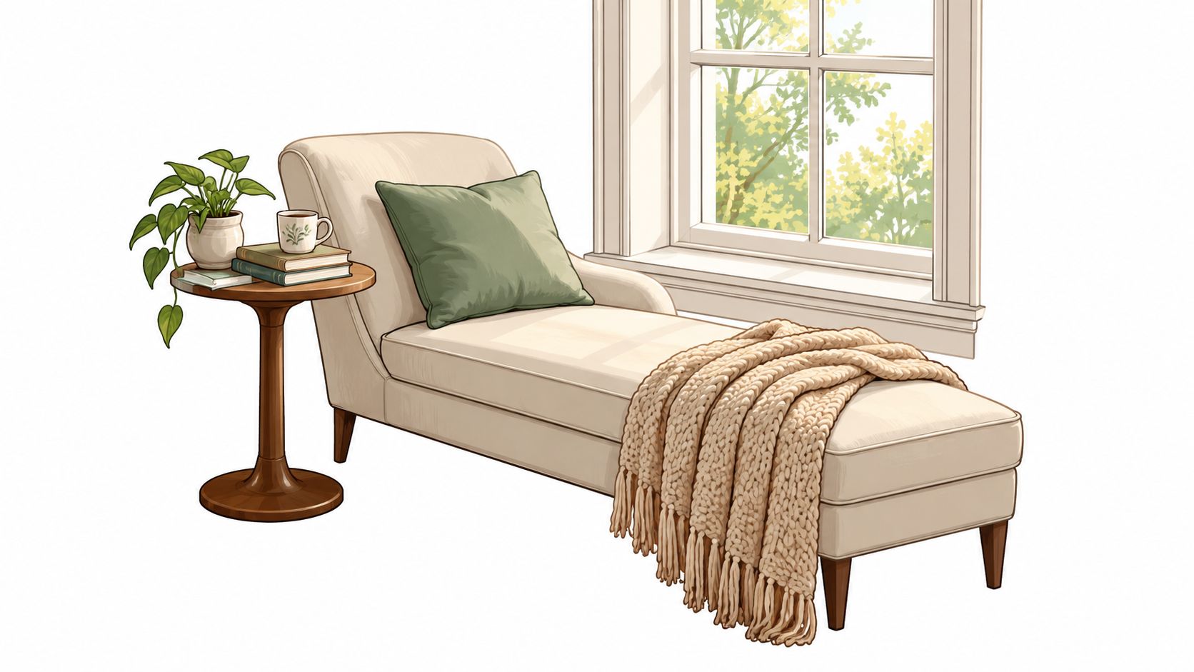 A cozy, beige chaise lounge chair with a green pillow and knit blanket next to a window.