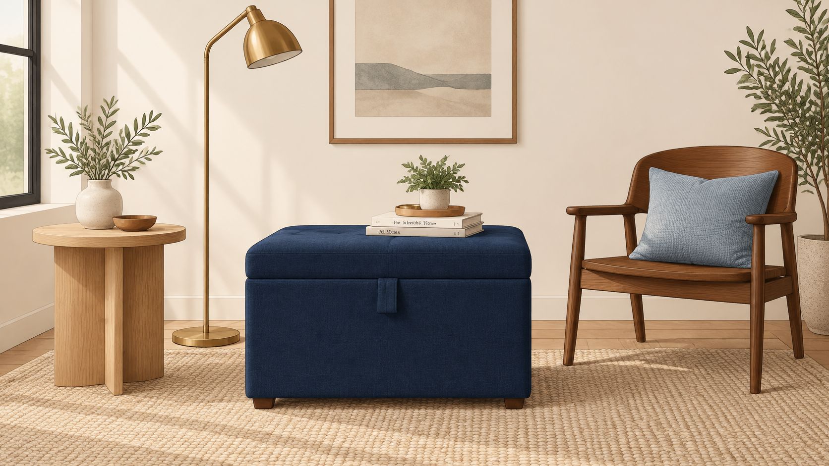 A modern navy blue upholstered storage ottoman sits in a bright living room next to a wooden chair.