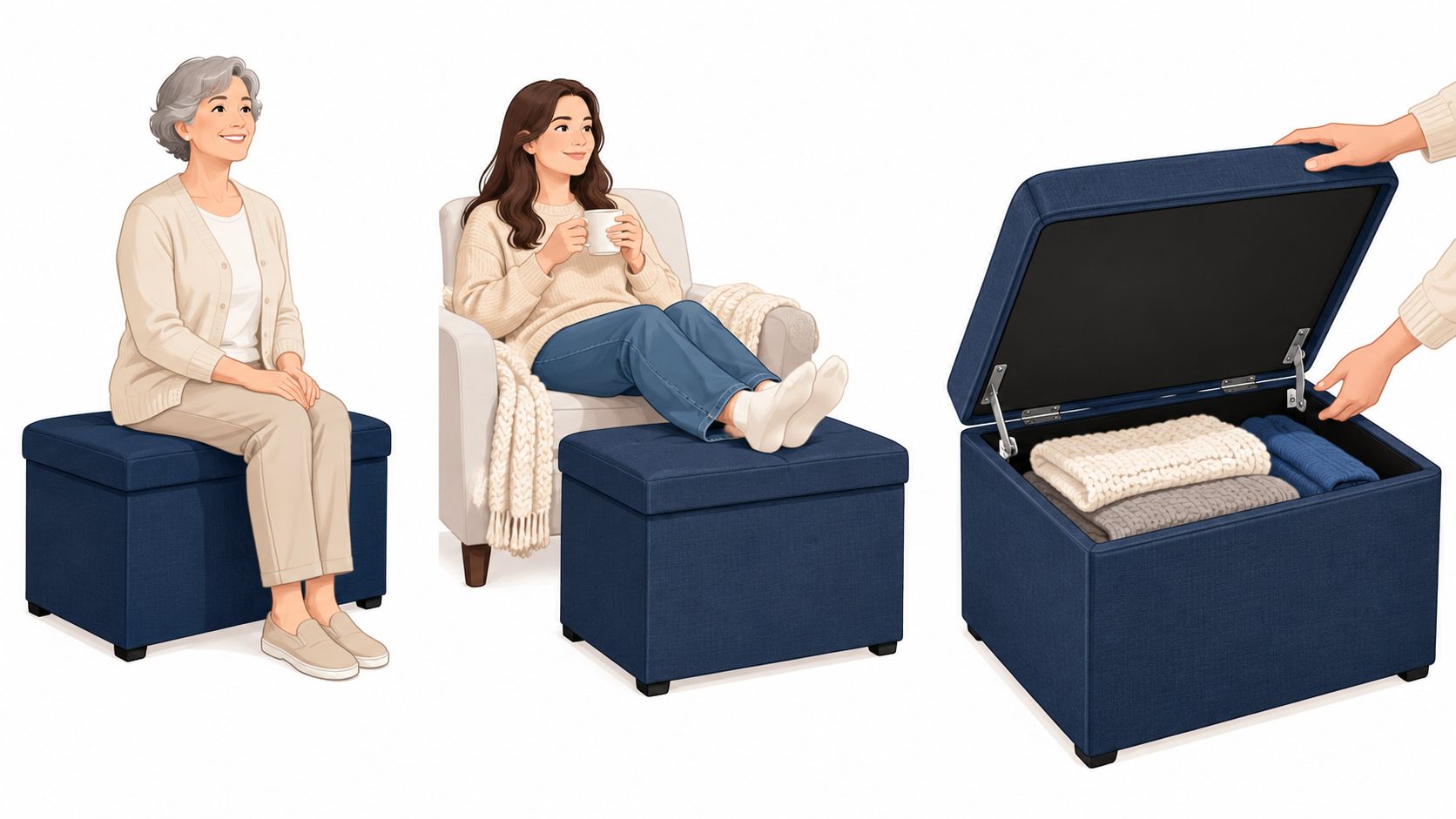 A navy storage ottoman shown in three different uses including seating, a footrest, and storage compartment.