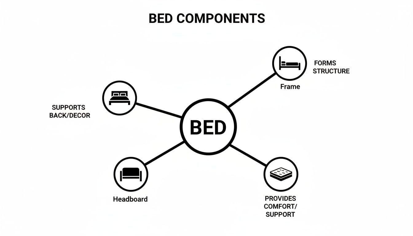 Diagram illustrating bed components: frame (forms structure), headboard (supports back/decor), and mattress (provides comfort/support).