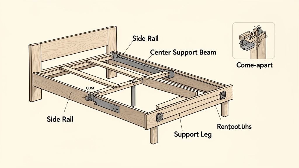 A detailed diagram of a wooden bed frame, illustrating its various components like side rails, center support beam, and support legs.