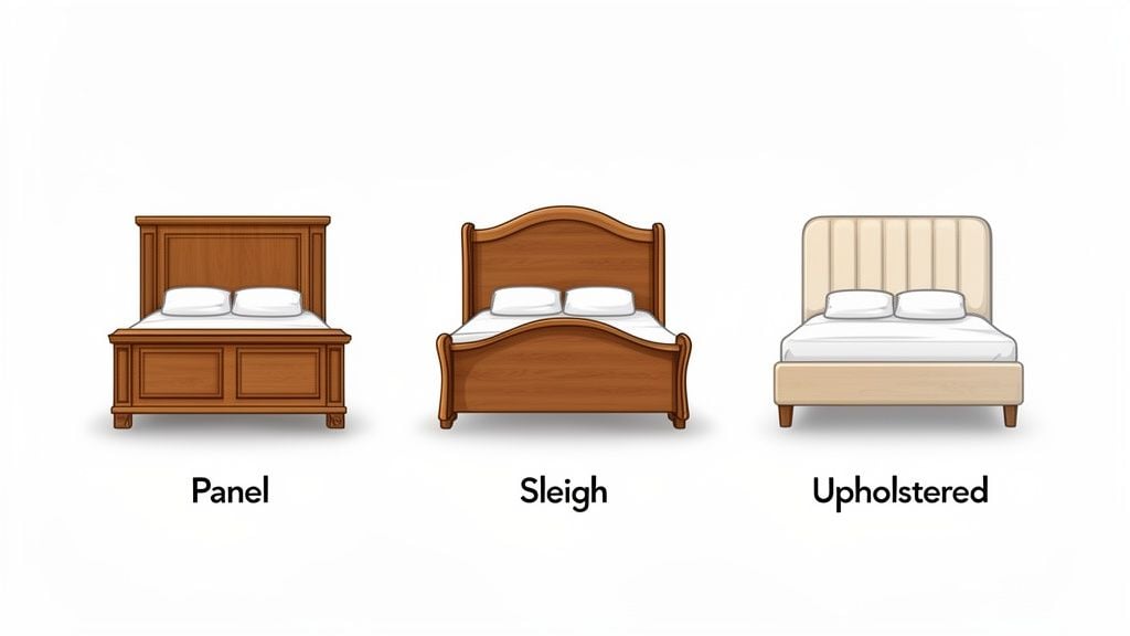 Three distinct bed styles are displayed: Panel, Sleigh, and Upholstered beds.