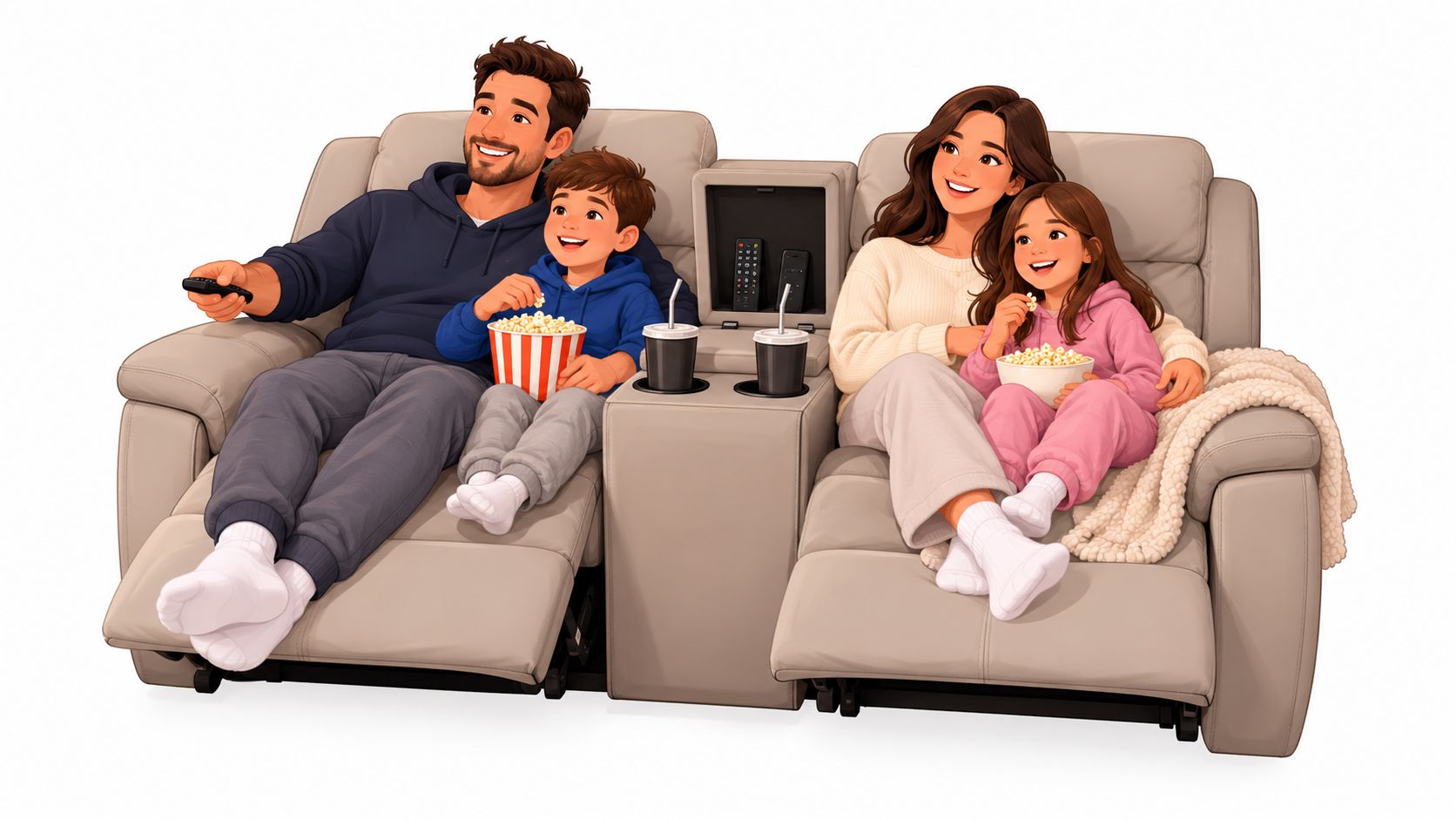 A happy family of four sitting on a beige power reclining console loveseat eating popcorn while watching television.