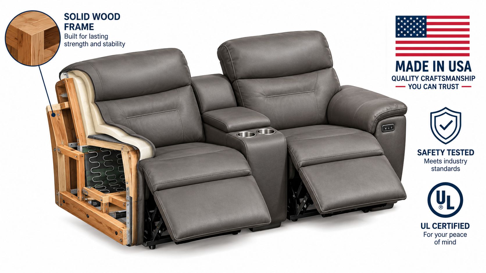 A cutaway view of a grey power reclining loveseat with a center console, highlighting the solid wood frame.