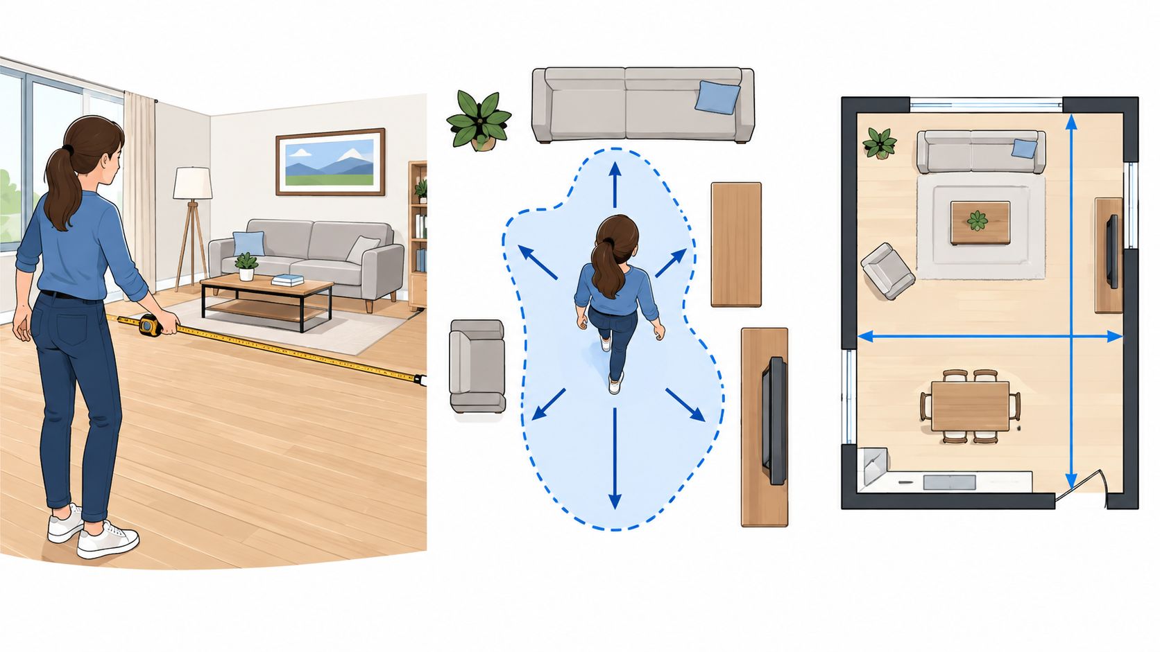 A person measuring a living room floor in a home interior design planning illustration
