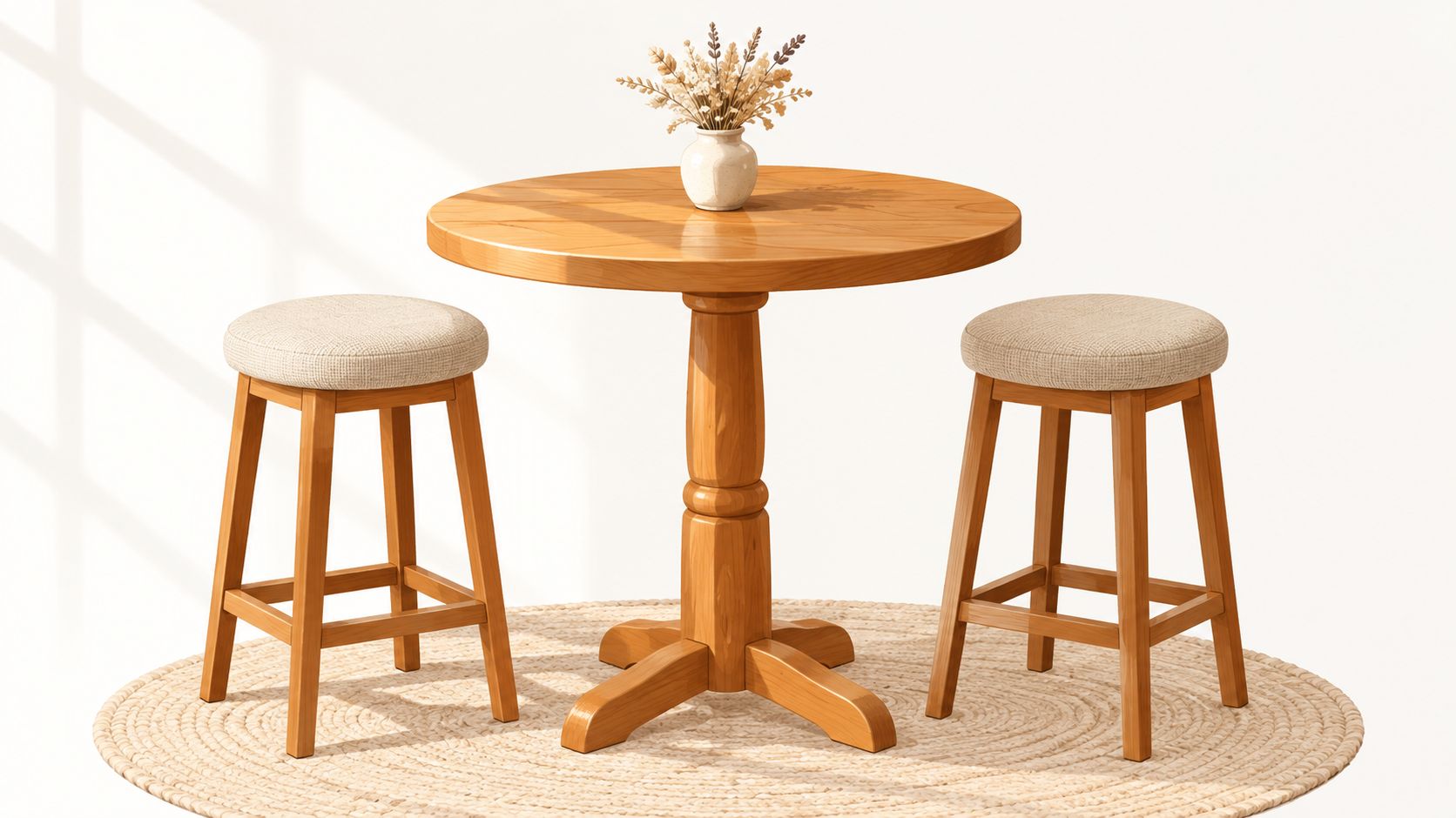 A small wooden pub dining table with two cushioned stools sits on a round woven rug.