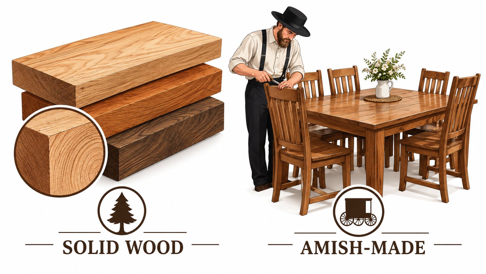 An Amish man crafting a wooden dining room table set to highlight solid wood quality construction.