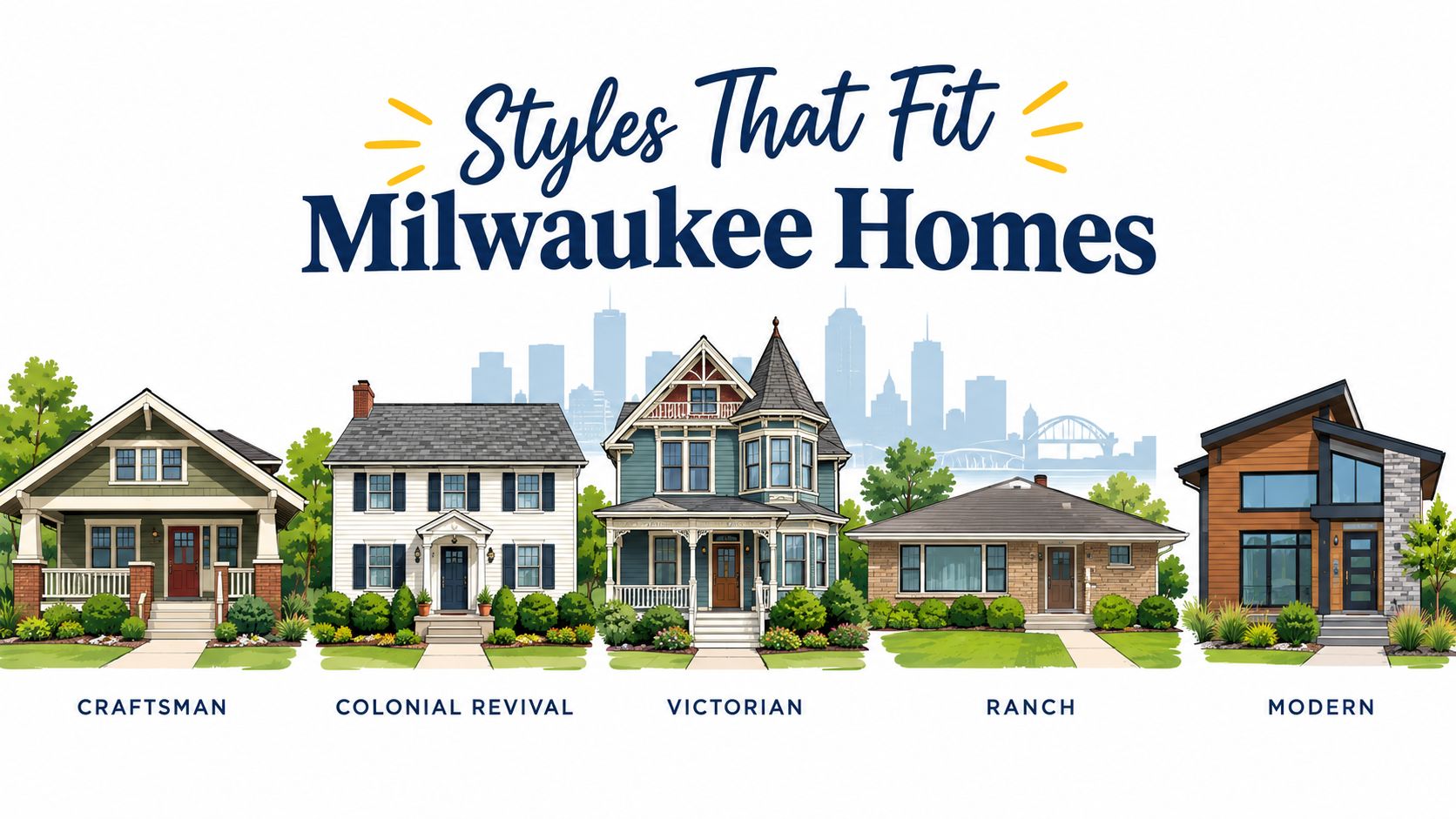 An illustration showing five distinct home architectural styles popular in Milwaukee, including Craftsman, Colonial Revival, Victorian, Ranch, and Modern.