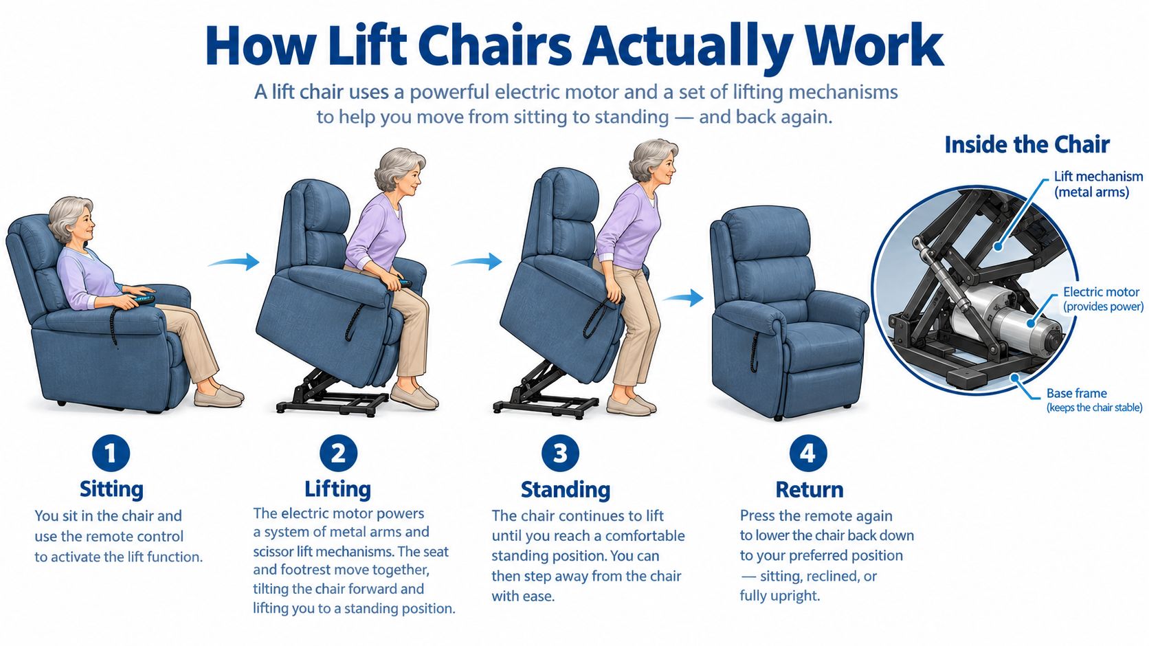 An infographic illustration showing how a power lift chair helps a person move from sitting to standing.
