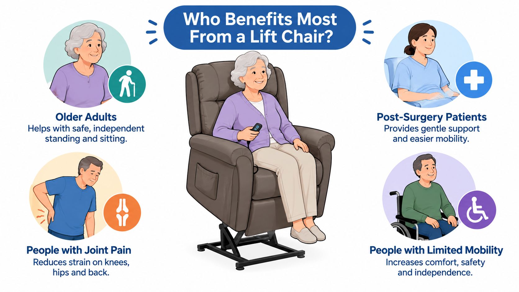 An infographic showing four types of people who benefit from using a power lift chair for assistance.