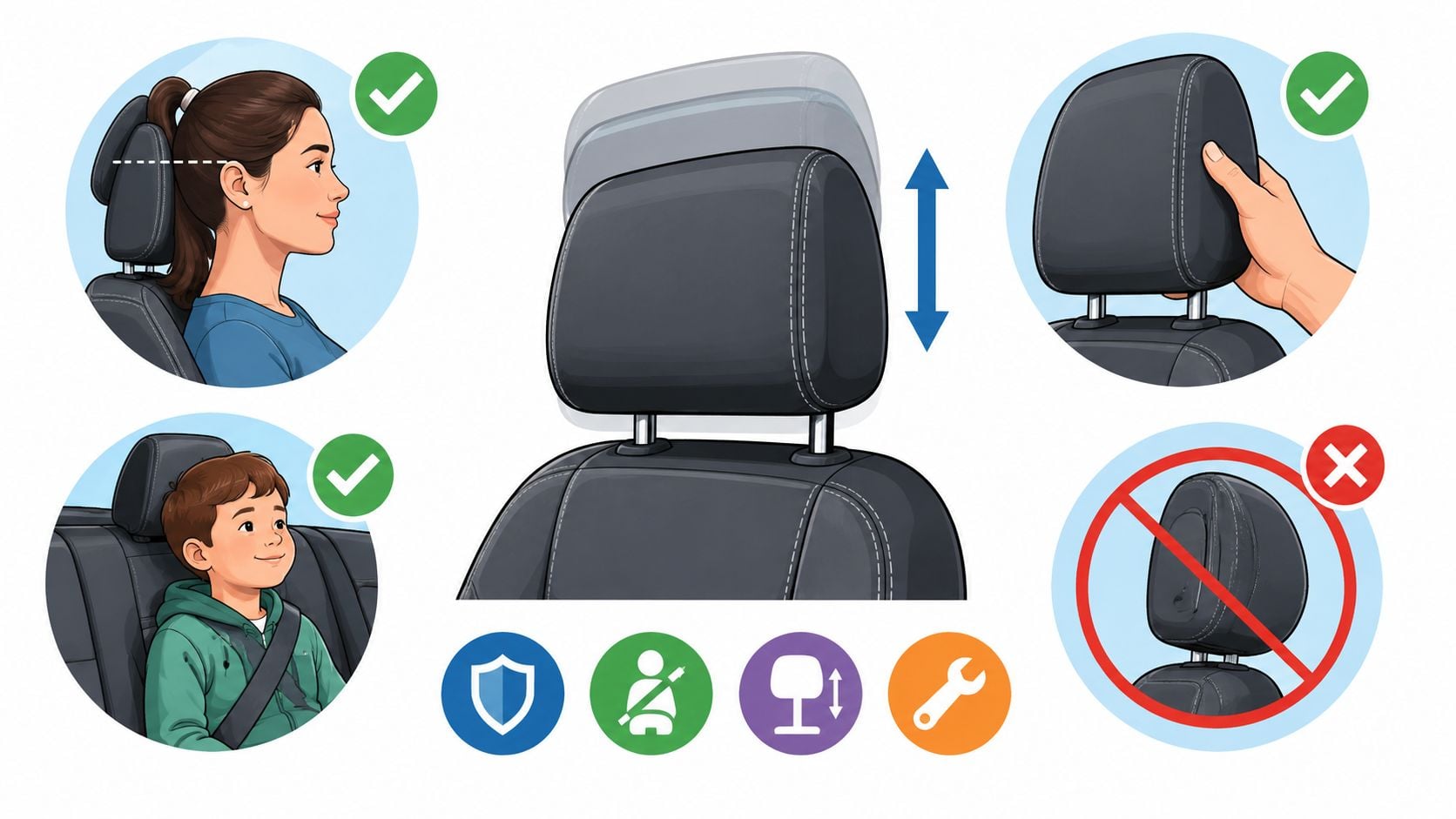An infographic illustrating how to correctly adjust a car seat headrest for safety and comfort.