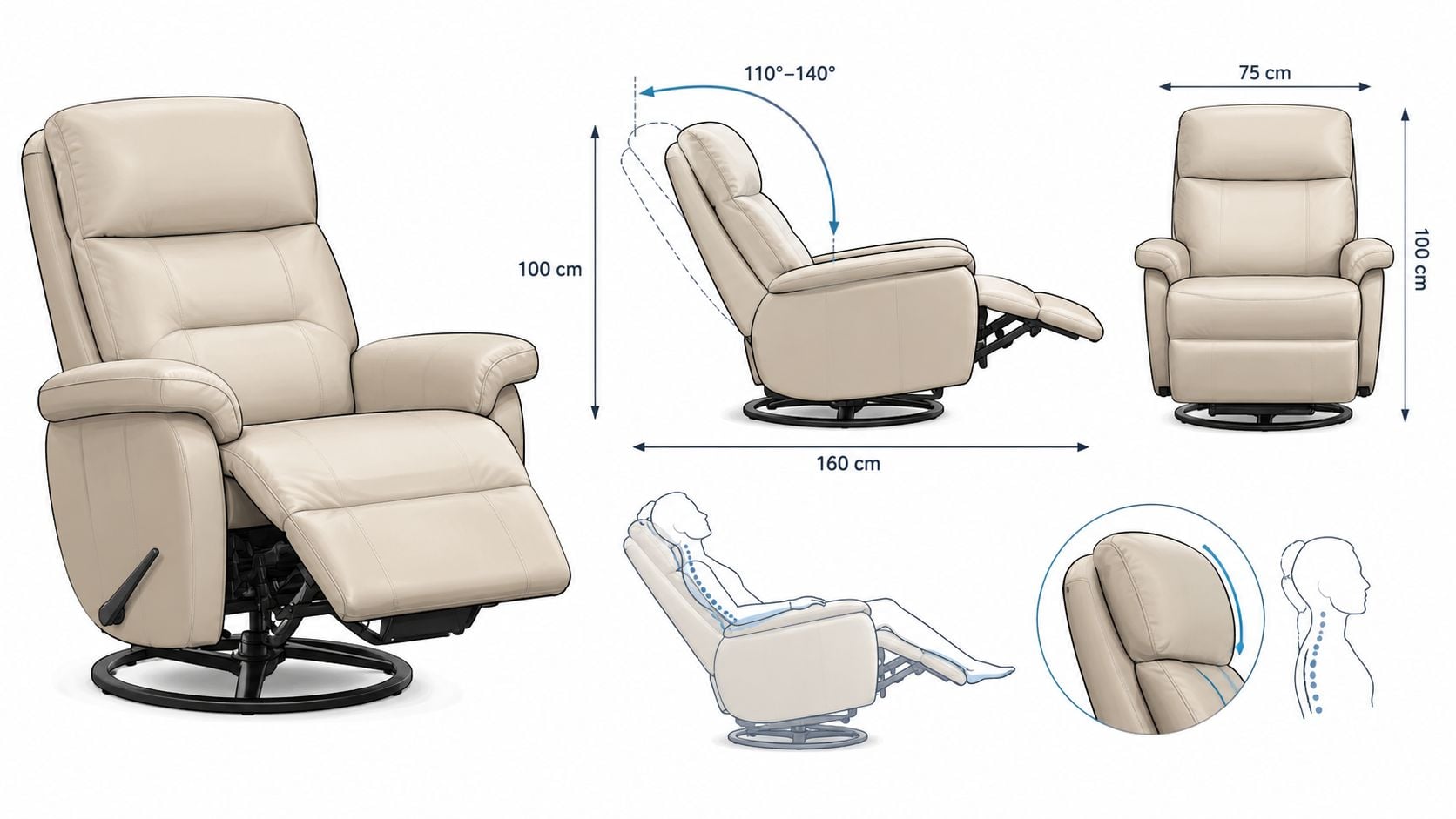 A beige swivel recliner chair with an adjustable headrest, shown from multiple angles with dimensions and functional diagrams.