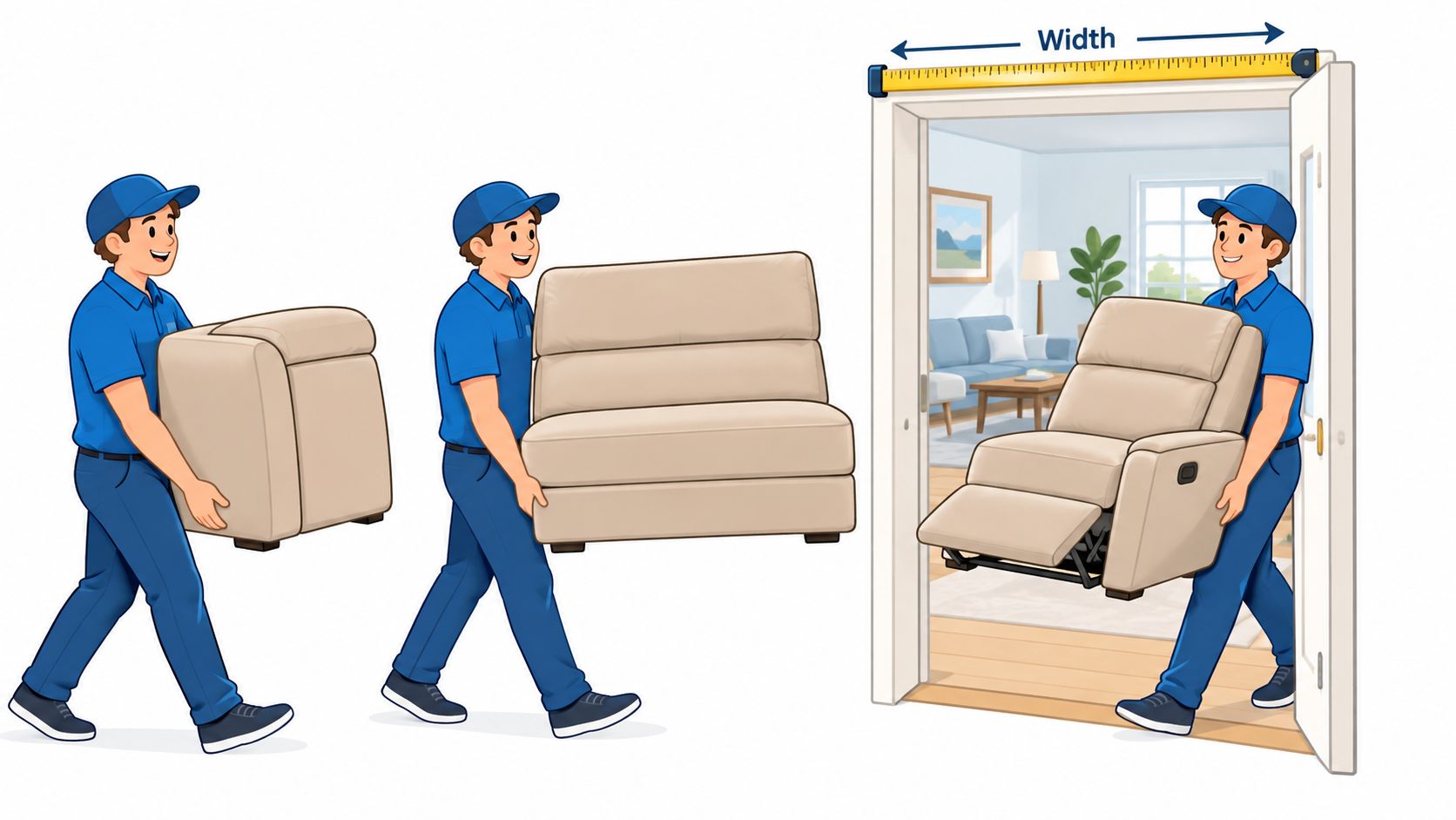 Three delivery men in blue uniforms carrying a sectional couch and a recliner through a doorway.