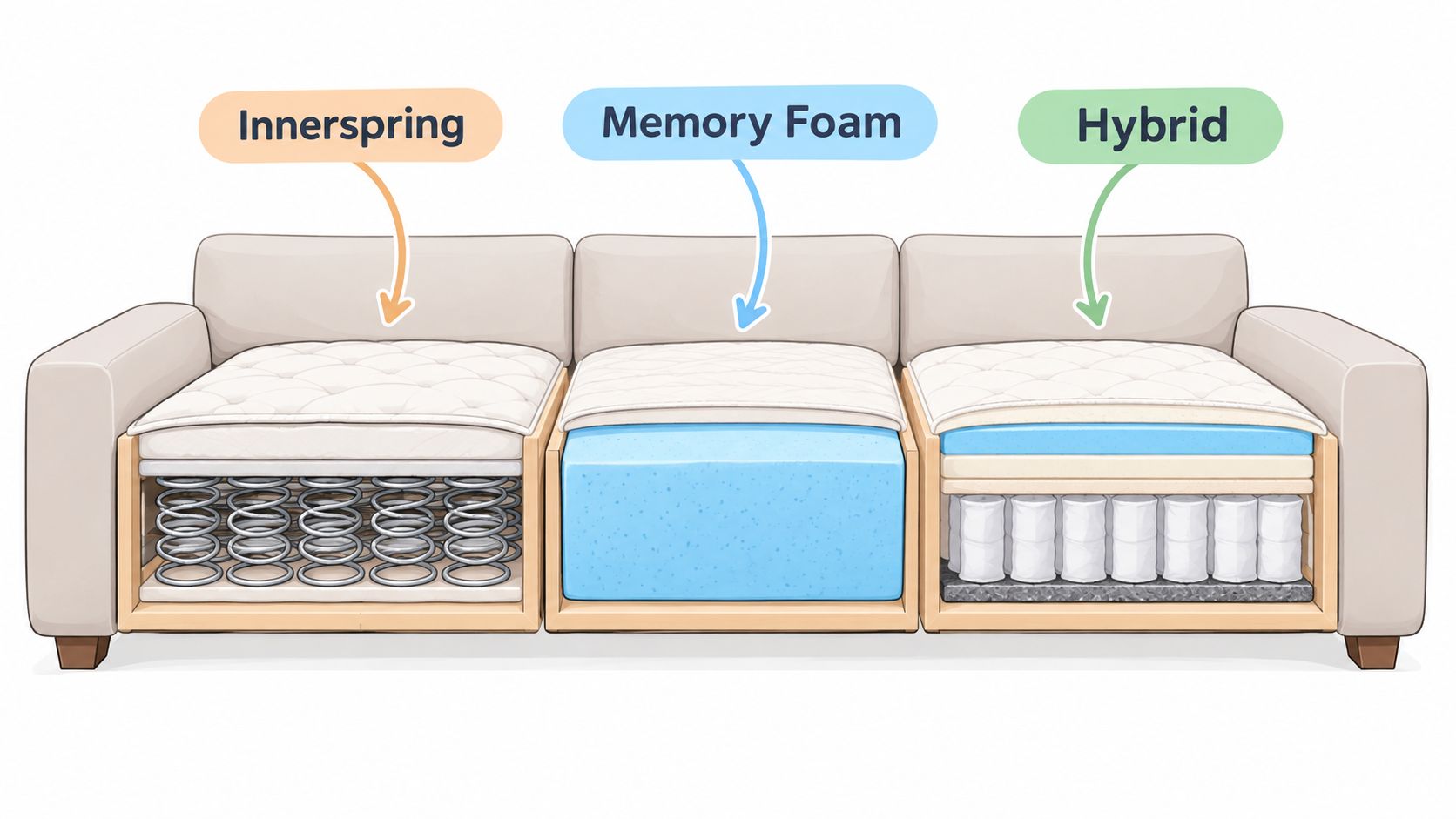 A cutaway illustration of a sofa displaying three different mattress types: innerspring, memory foam, and hybrid construction.