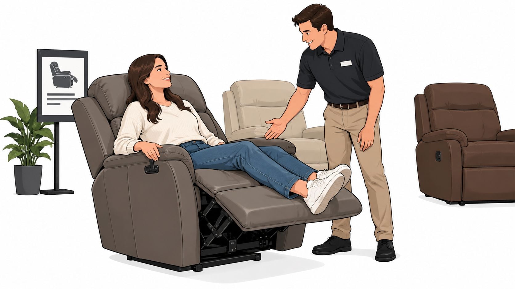 A store salesperson explains the features of a comfortable grey reclining chair to a female customer.