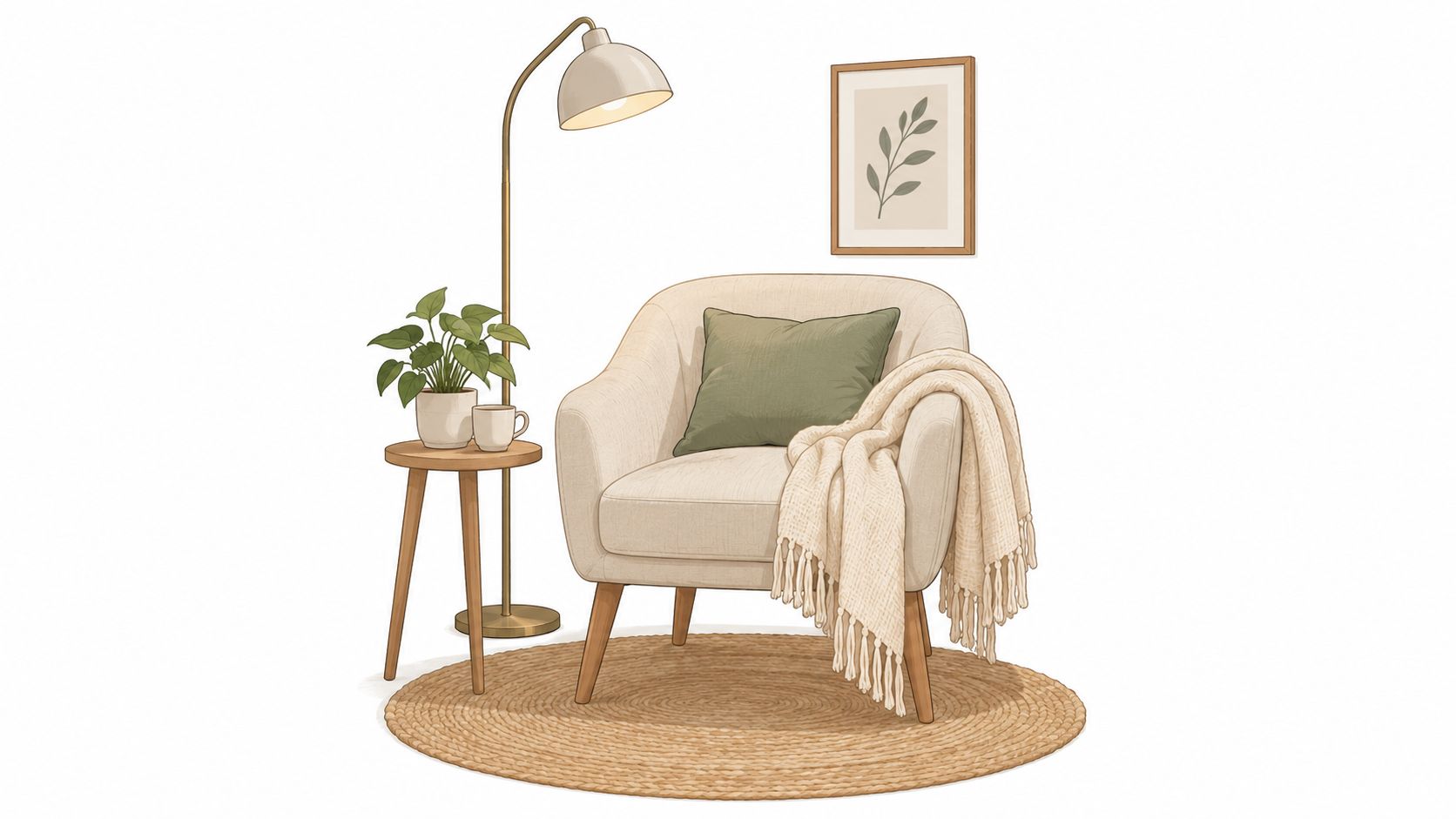 A cozy, minimalist reading nook featuring a cream armchair, side table with plant, lamp, and rug.