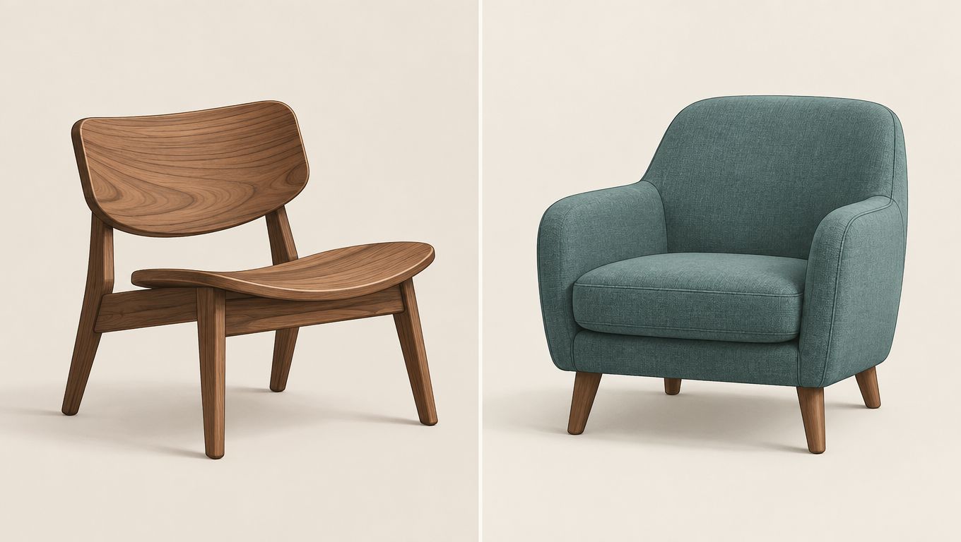 A split image showing a wooden mid-century modern lounge chair beside a teal upholstered armchair.