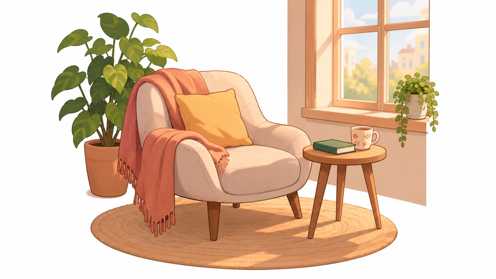 A cozy, sunlit reading nook featuring a comfortable armchair, a small wooden side table, and indoor plants.
