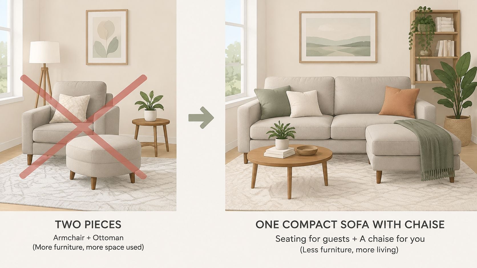 A comparison showing an armchair with an ottoman versus a single compact sofa with a chaise lounge.