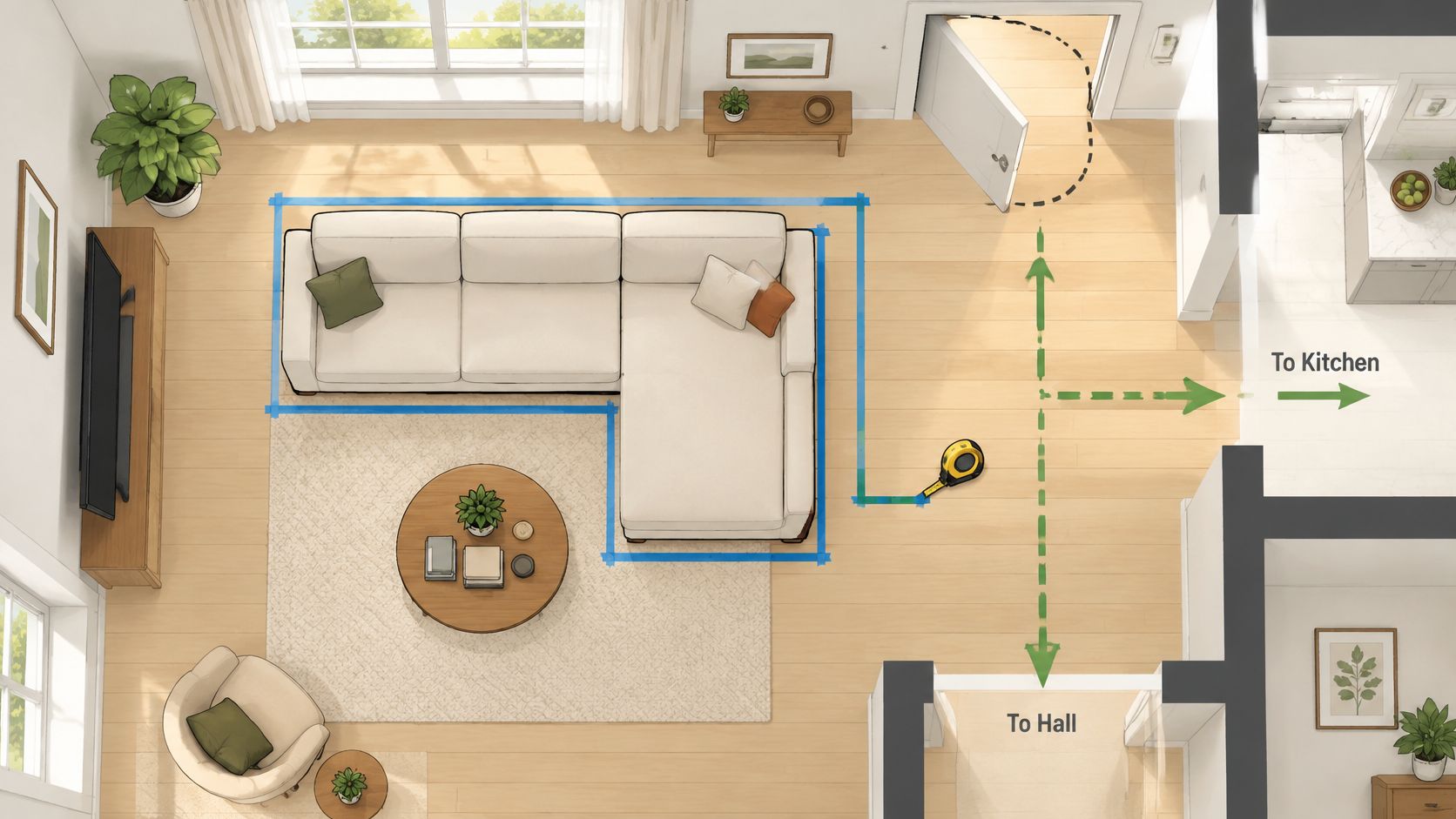 Top-down view of a modern living room featuring a white sectional sofa with a chaise lounge.