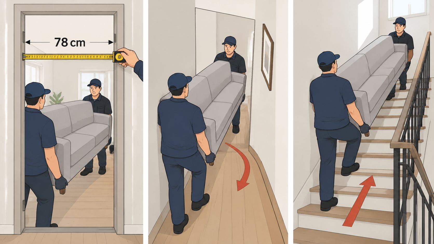 Two professional movers carrying a small scale sofa with chaise through a narrow doorway and up stairs.