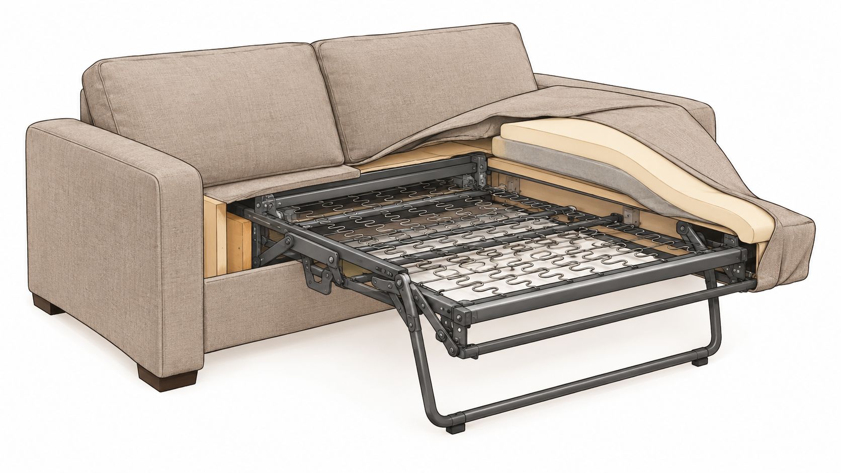 A beige sofa bed with its internal metal folding mechanism and wire spring frame partially extended