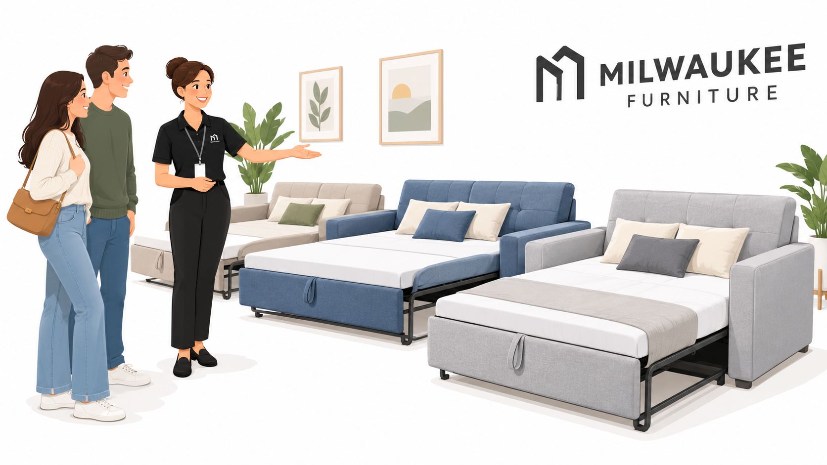 A friendly furniture store associate demonstrates sofa bed mechanisms to a young couple in a showroom.