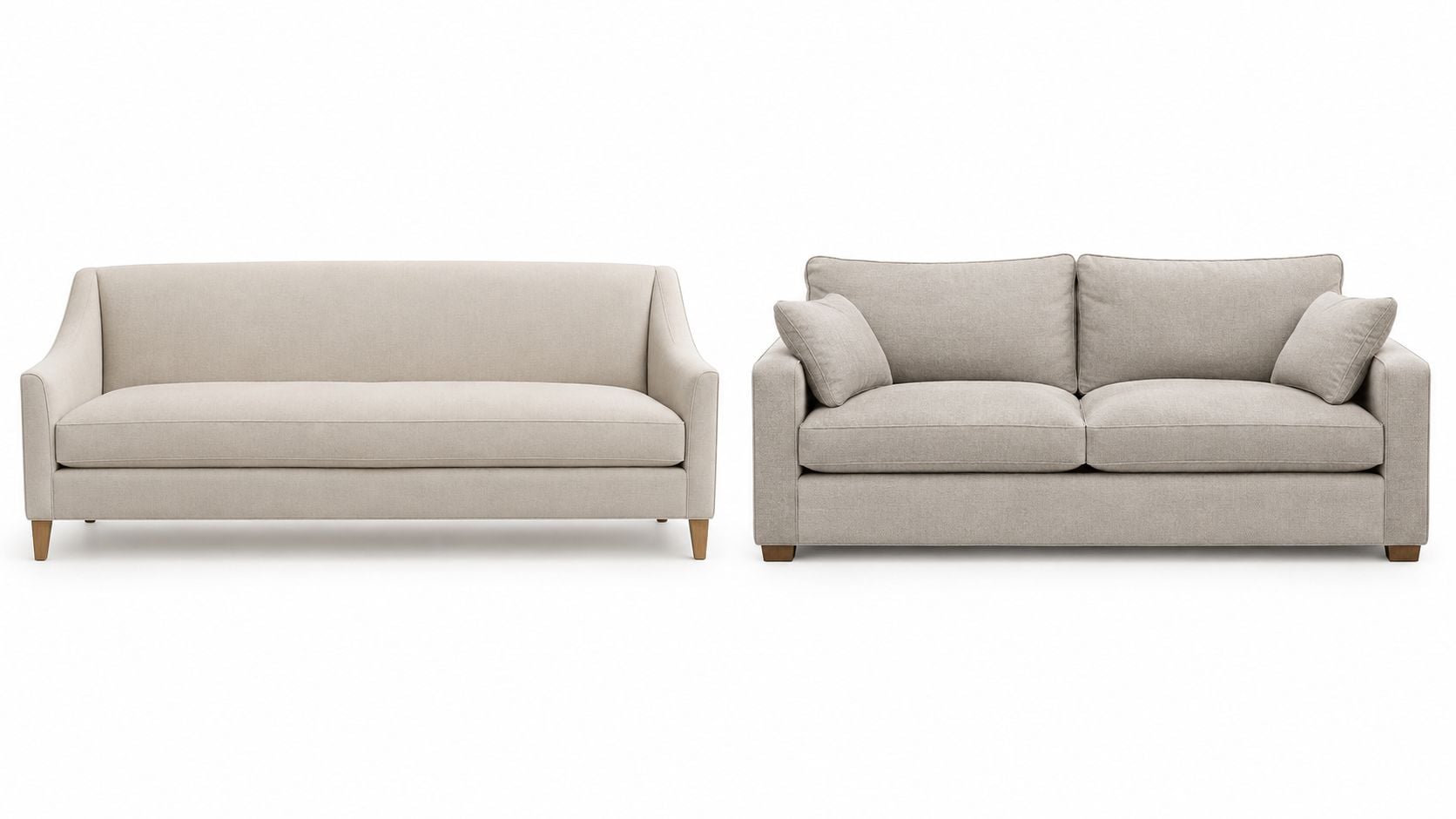 Two beige upholstered sofas shown side by side, one with a tight back and one with loose cushions.