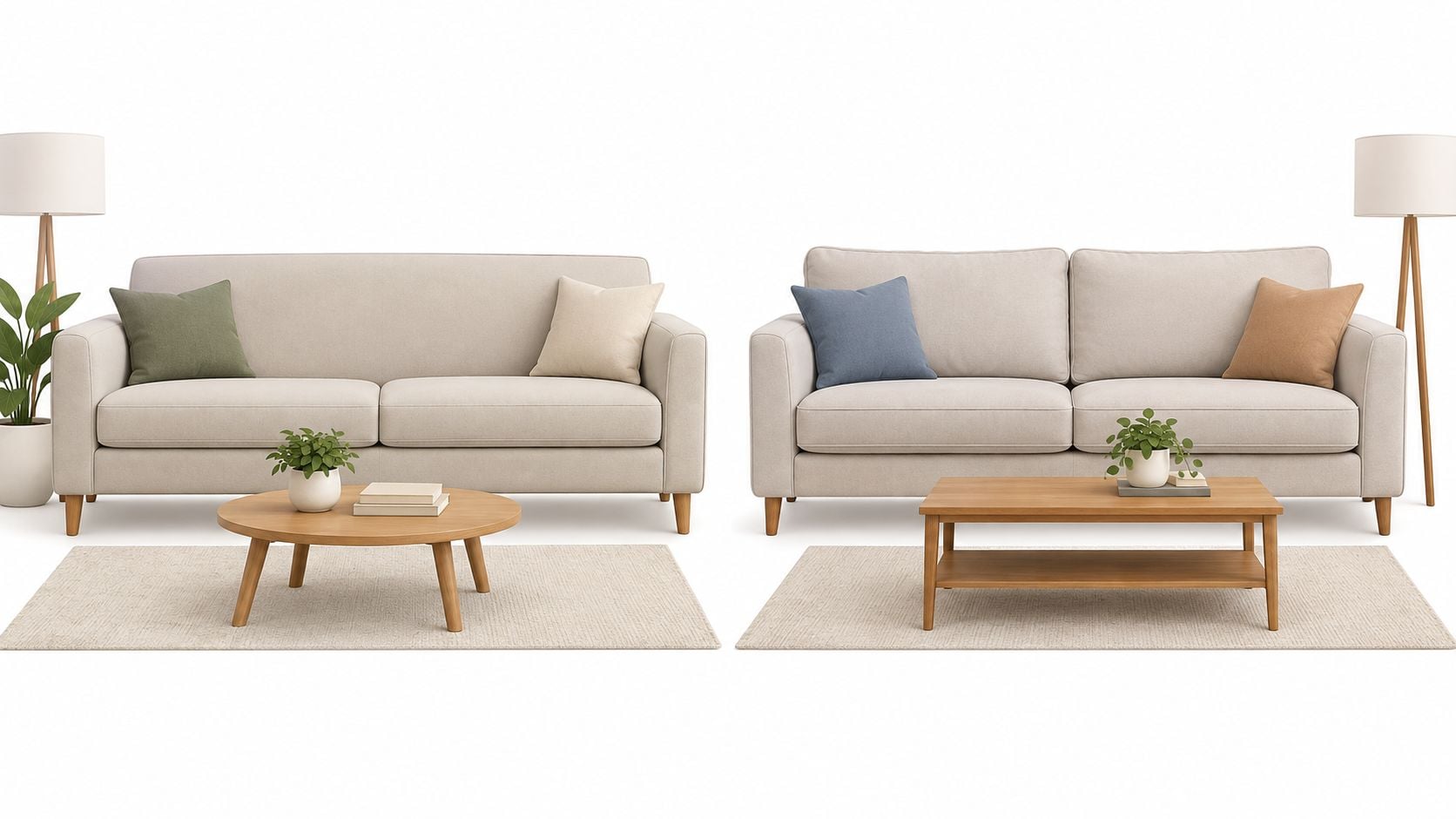 Two beige sofas with different coffee tables and side lamps displayed on a clean white background.