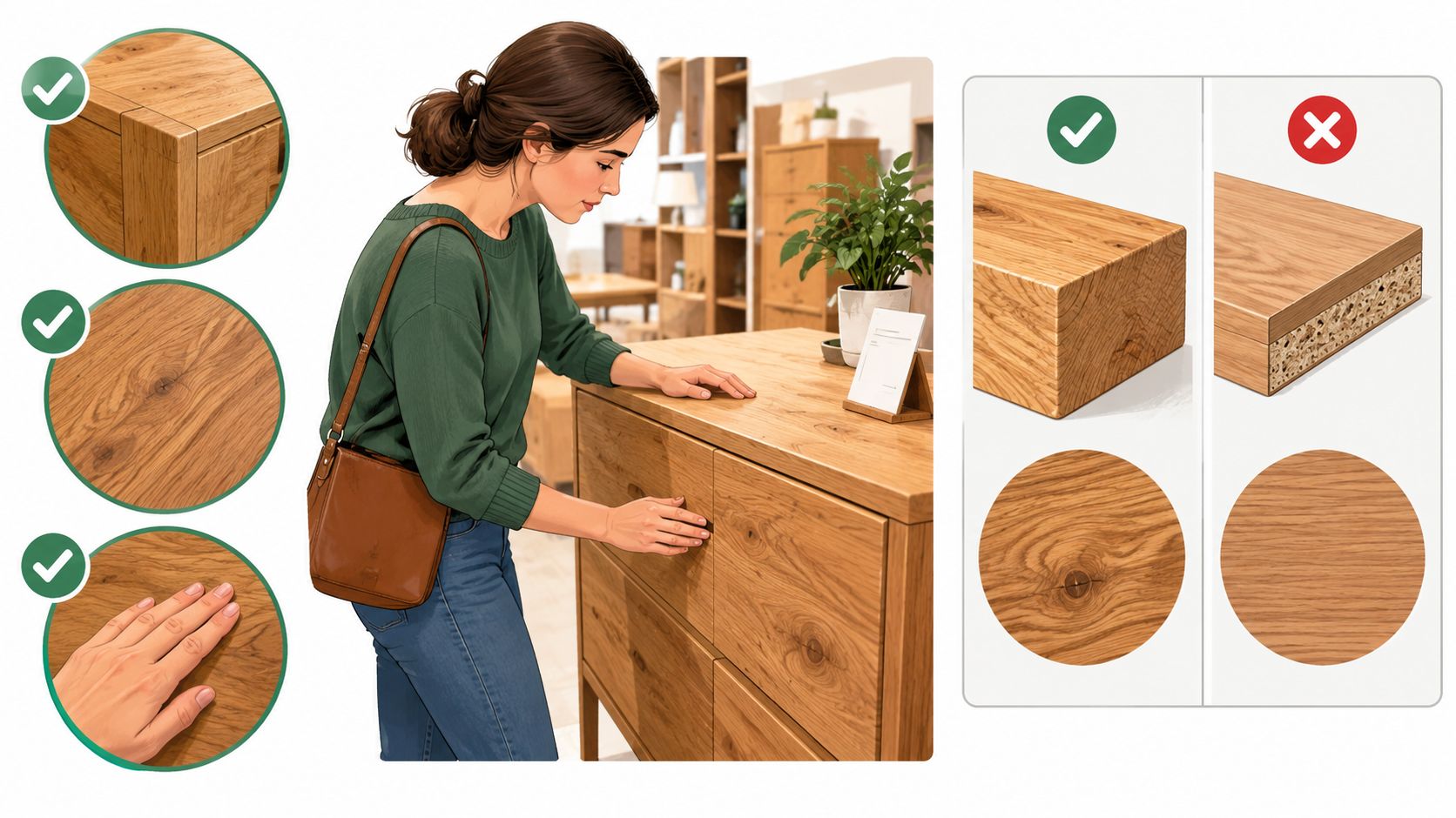 A woman examining a high-quality solid wood cabinet in a furniture store with close-up comparisons.