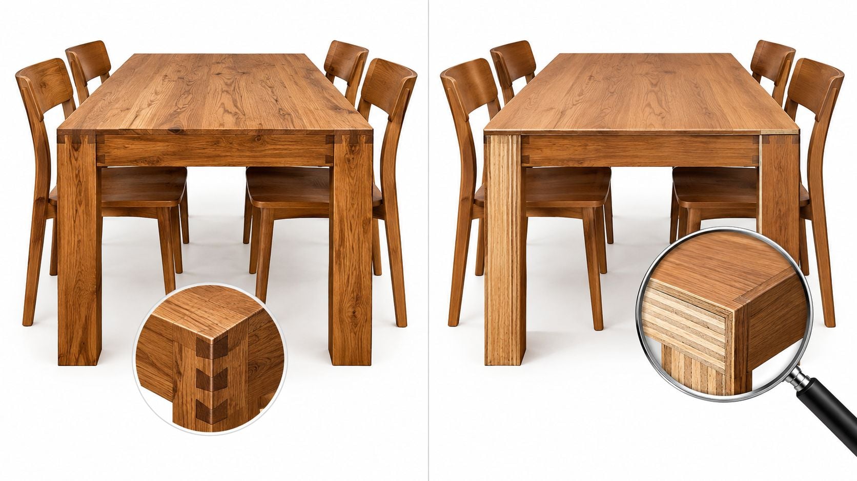 A split image showing a wooden dining table constructed with traditional dovetail joints and modern plywood layering.