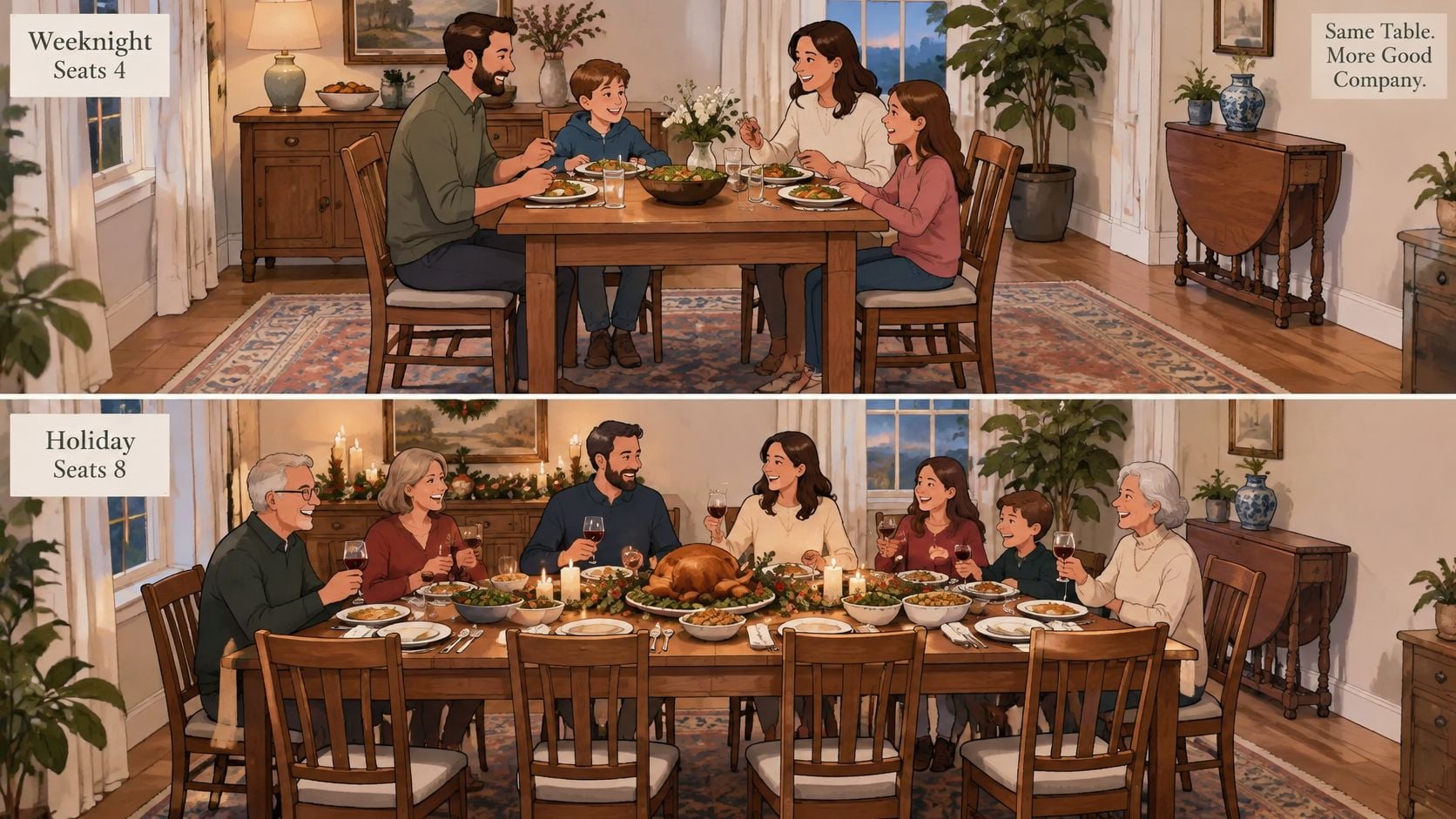 A split-screen illustration showing an extendable solid wood dining table seating four people daily and eight during holidays.