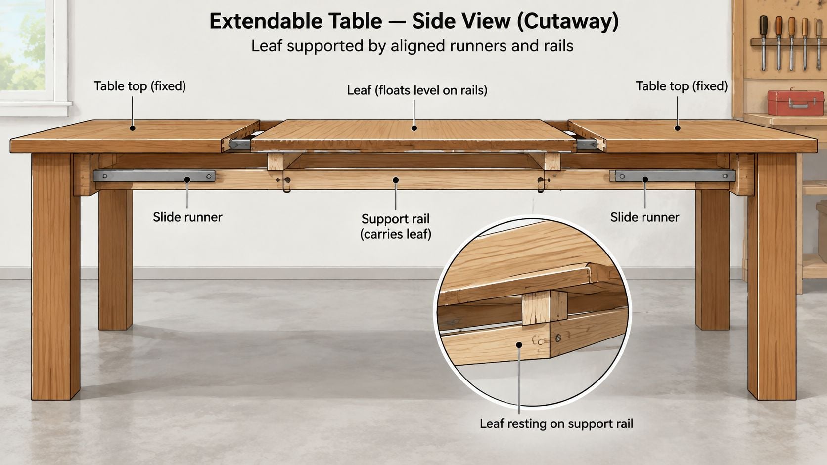 A cutaway diagram showing the side view and internal mechanical structure of an extendable wooden dining table.