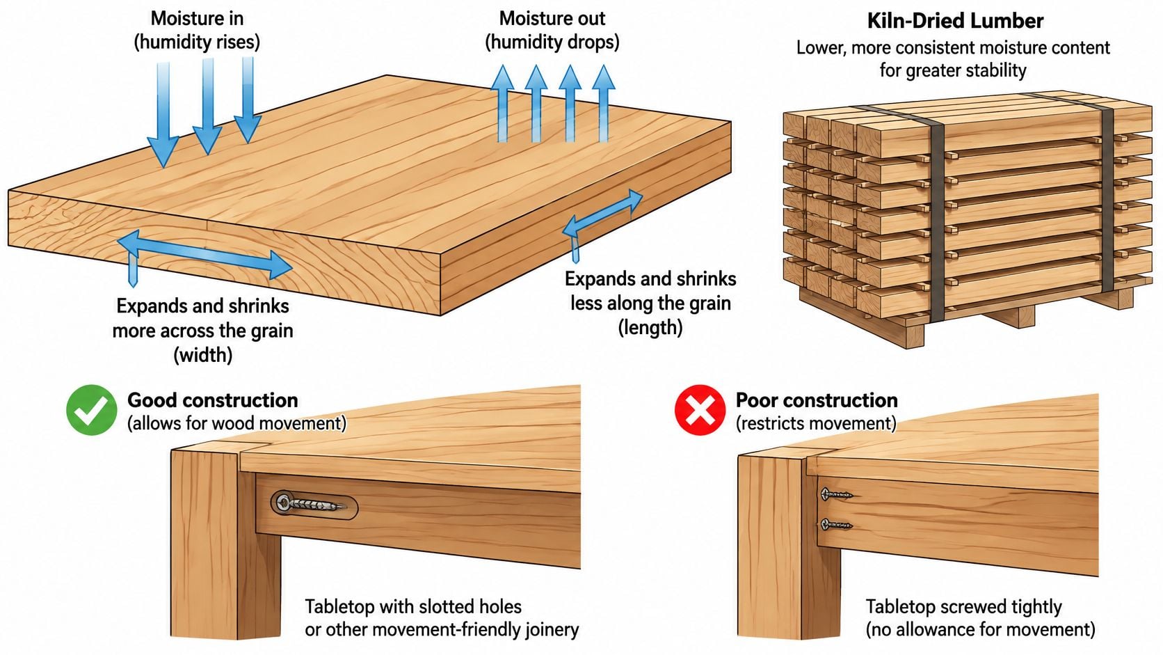 An illustration showing how humidity causes solid wood table movement and correct construction techniques for wood expansion.