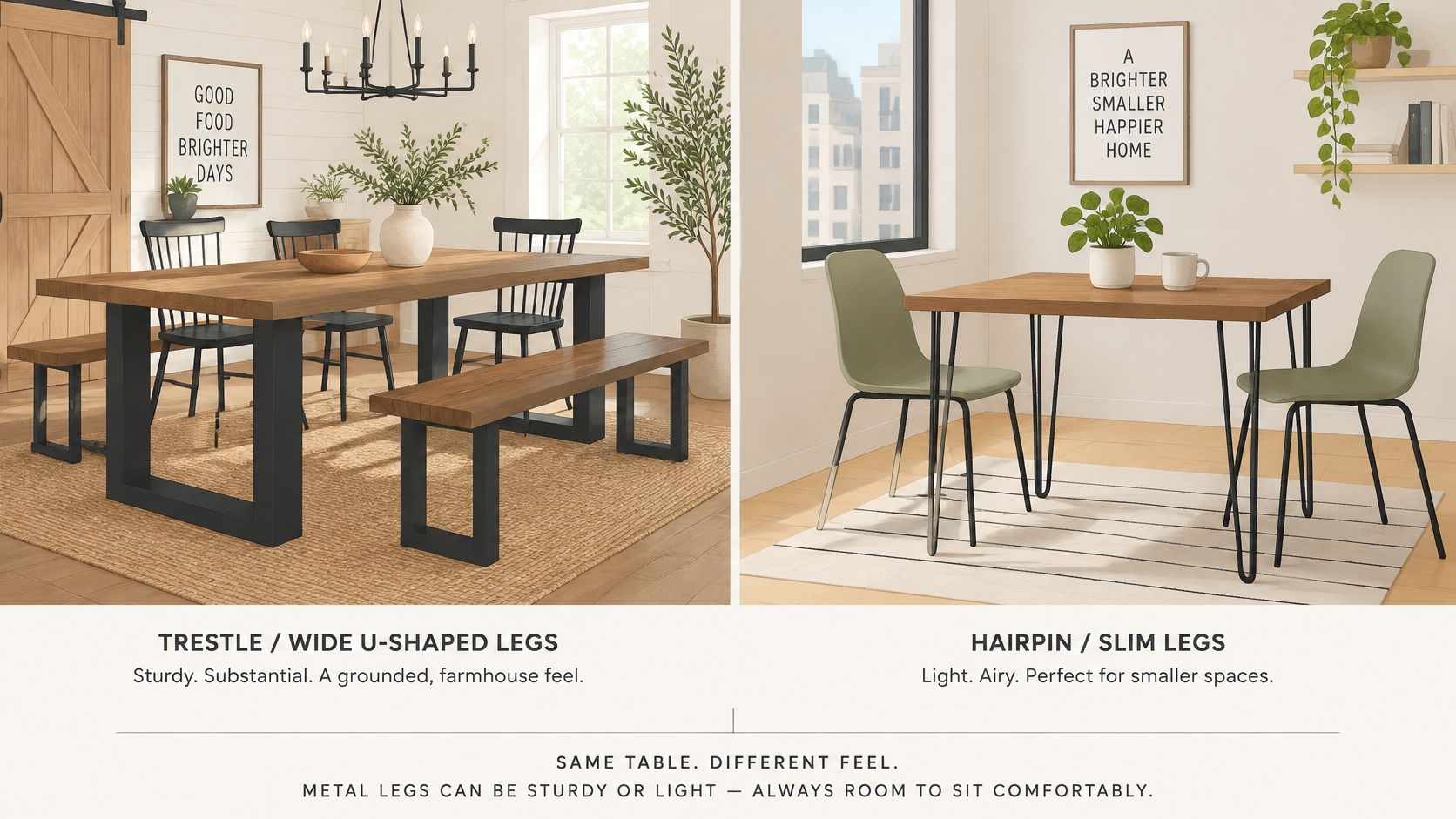 A comparison of two dining room styles featuring a solid wood table with U-shaped or hairpin metal legs.