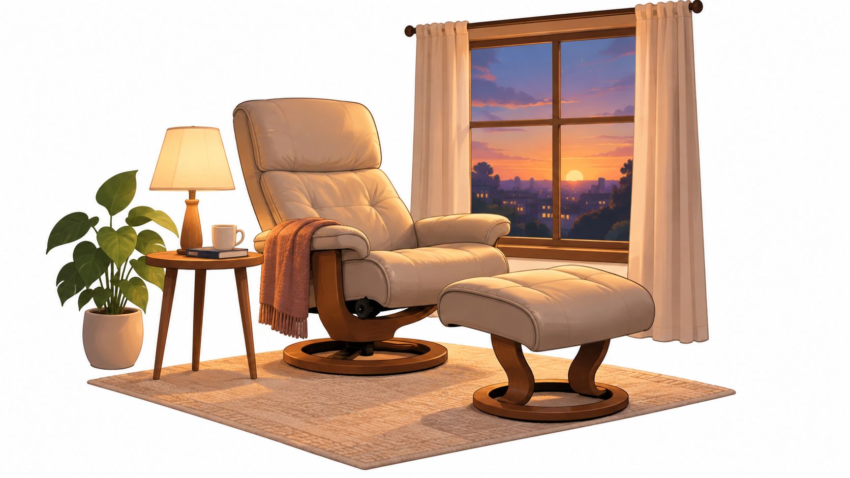 A cozy leather tilt back chair and ottoman set placed beside a window during a sunset.