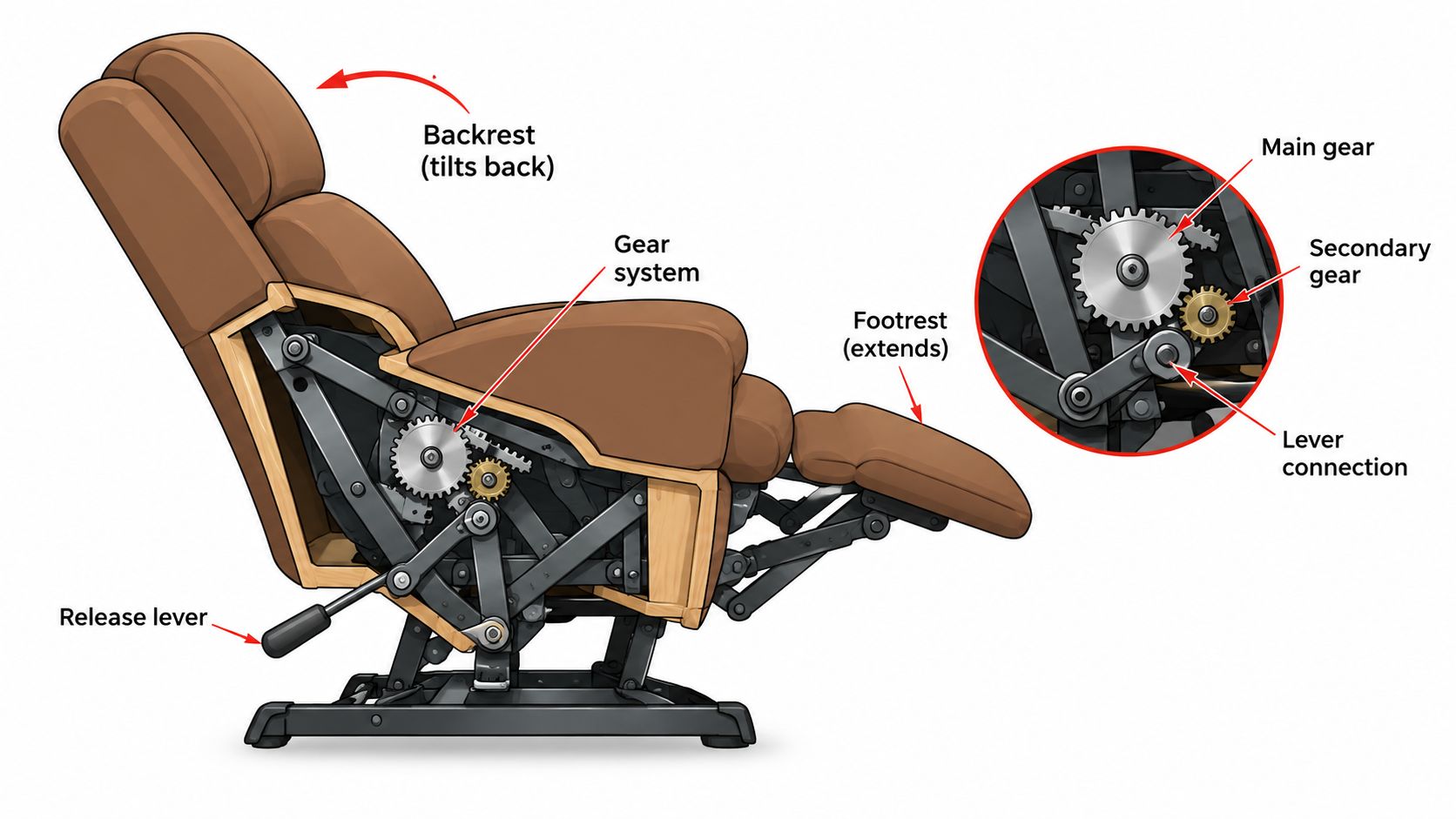 A side view diagram of a brown reclining chair, showcasing its internal mechanical gear and lever system.