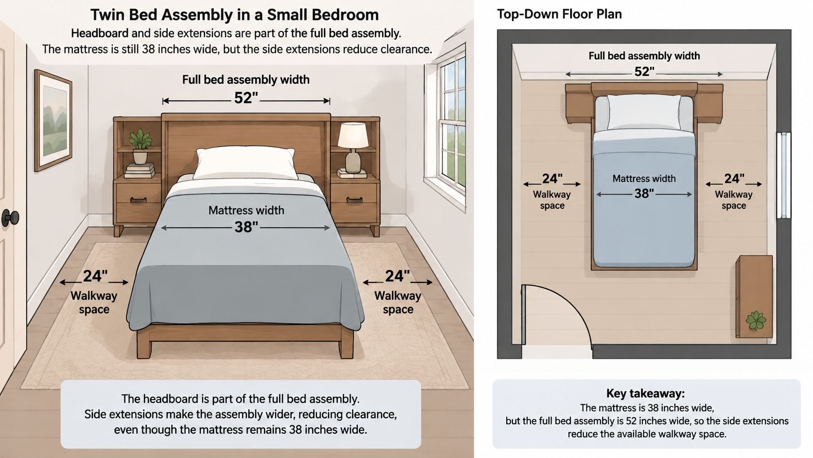 A diagram illustrating how a wide twin bed headboard assembly reduces walkway space in a small bedroom.