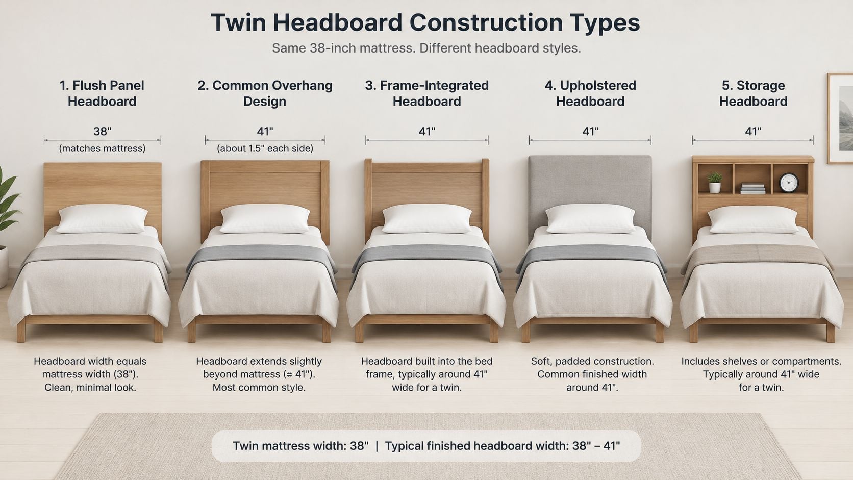 A diagram illustrating five different styles of twin size headboards and their respective width measurements.