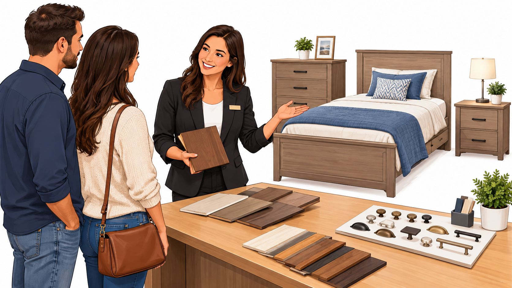 A friendly furniture store associate assists a couple choosing wood samples for a new bedroom set.