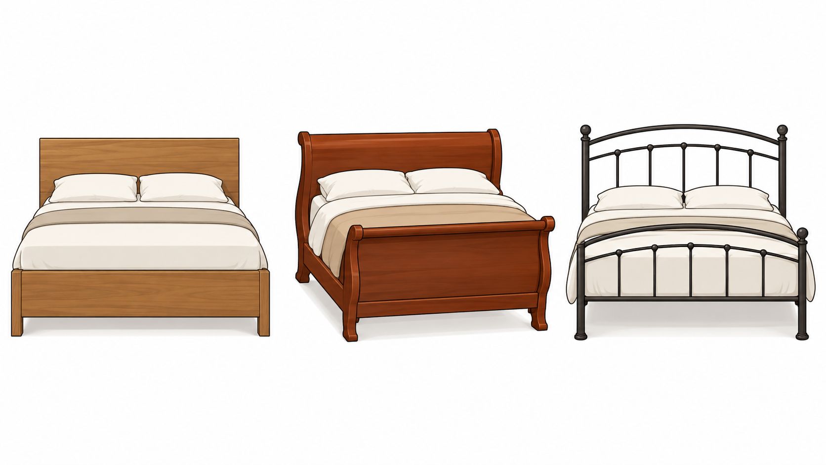 Three different styles of beds including a wooden panel bed, a wooden sleigh bed, and a metal bed.