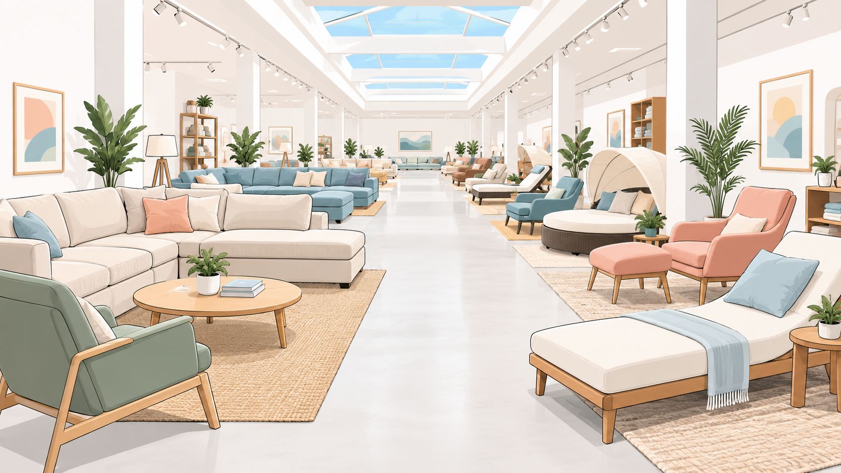 A bright and spacious furniture store showroom displaying various styles of sofas, armchairs, and lounge seating options.