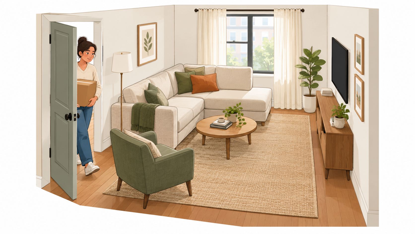 A young woman entering a cozy modern living room carrying a cardboard moving box and smiling.
